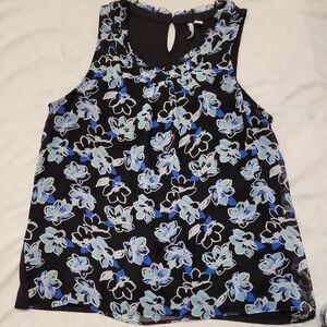 Elle Blouse Black Blue Floral Sleeveless Scoop Ruffle Neck Lined Blouse Women M